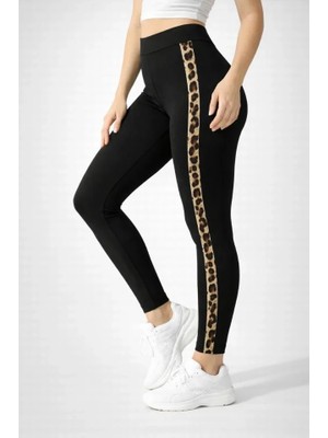 Emh Store Likralı Yan Leopar Şeritli Detaylı Tayt - Siyah