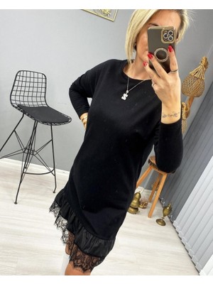 Emh Store Kadın Uzun Kollu Bisiklet Yaka Etek Ucu Deri ve Tül Detay Iki Iplik Mini Boy Elbise