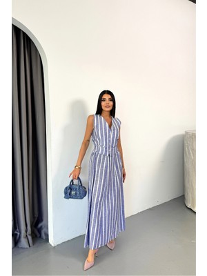 Emh Store Keten Çizgili Yelek - Uzun Etek Takım - Mavi