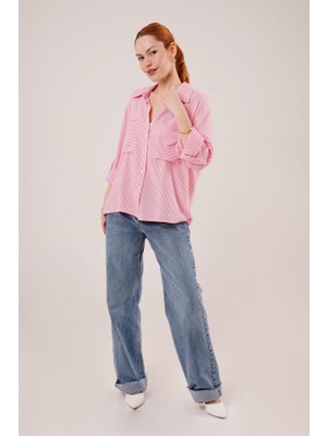 Emh Store Yarasa Kol Çizgili Cep Detaylı Pembe Gömlek