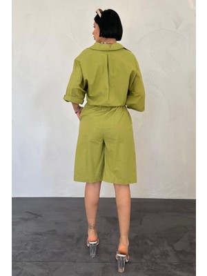 Emh Store Yağ Yeşili Kısa Kollu Keten Gömlek ve Şort Takım