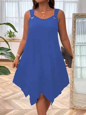 Emh Store Kadın Askılı Yuvarlak Yaka Kuş Gözü Detaylı Asimetrik Viskon Elbise