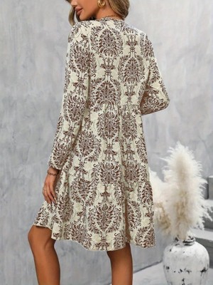 Emh Store Kadın Uzun Kollu V Yakalı Fırfırlı Mini Süprem Elbise