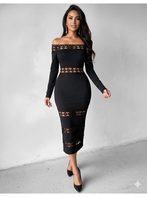 Emh Store Kadın Uzun Kollu Madonna Dantel Yaka Yırtmaçlı Midi Dalgıç Elbise