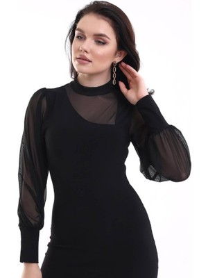 Emh Store Kadın Balıkçı Yaka Transparan Detay Fırsat Ürün Sandy Kumaş Mini Elbise