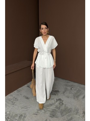 Emh Store Keten V Yaka Belden Bağlamalı Bluz-Pantolon Takım - Beyaz