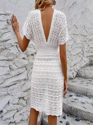 Emh Store Kadın Kısa Kollu V Yakalı Örme Triko Elbise