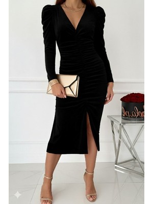 Emh Store Kadın Uzun Kollu Derin Kruvaze Yakalı Önden Büzgülü Yırtmaç Detaylı Kadife Midi Elbise