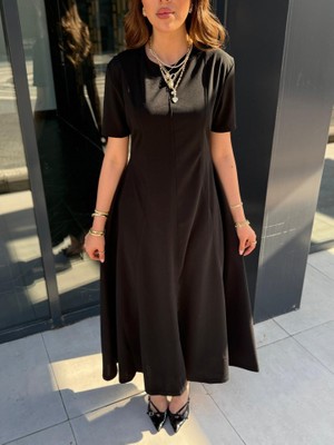 Emh Store Kadın Kısa Kollu Bisiklet Yaka Maksi Boy Ithal Krep Elbise