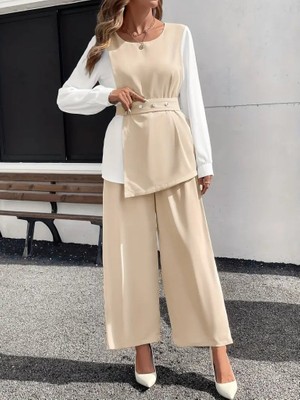 Emh Store Kadın Uzun Kollu Açık Yakalı Çift Renkli Kemerli Ithal Krep Ikili Takım