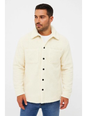 Emh Store Erkek Pelüş Polar Hırka Gömlek – Yakalı, Ilik Düğmeli, Göğüs Cepli, Yumuşak Dokulu Kışlık Regular Fit Rahat Günlük Model - Beyaz