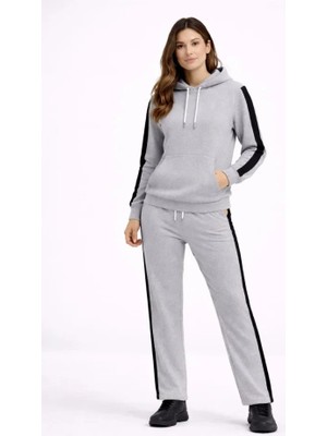 Emh Store Kadın Yandan Şeritli Eşofman Takım Kapüşonlu Sweatshirt Boru Paça Alt, Oversize 3 Iplik Pamuklu - Gri