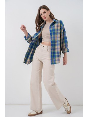 Emh Store Ekose Desen Oversize Oduncu Gömlek 3854 Mavi Gri