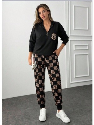 Emh Store Kadın Uzun Kollu Iki Iplik Kumaş Fermuar ve Cep Detay Kapüşonlu Ikili Takım