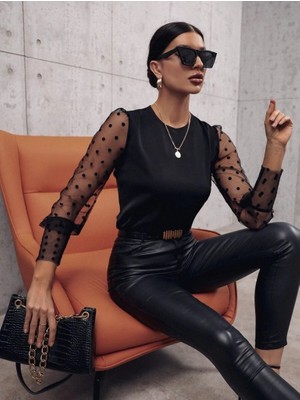 Emh Store Kadın Uzun Kollu Bisiklet Yaka Kollar Puantiyeli Tül Detaylı Sandy Bluz