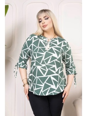 Emh Store Desenli Püsküllü Viskon Bluz Bebe Yaka Kısa Kollu Big Size Rahat Kesim - Desenli