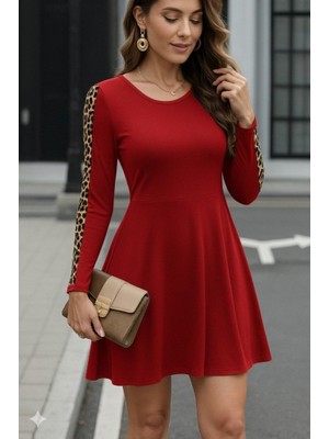 Emh Store Kadın Uzun Kollu Bisiklet Yaka Kollar Leopar Detay Iki Iplik Mini Boy Elbise