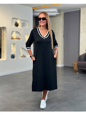 Emh Store Kadın Uzun Kollu V Ribana Yakalı Yanlardan Yırtmaçlı Midi Viskon Iki Iplik Elbise