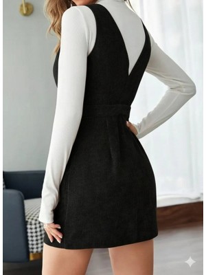 Emh Store Kadın Askılı V Yakalı Önden Düğmeli Mini Kalın Fitilli Kadife Elbise