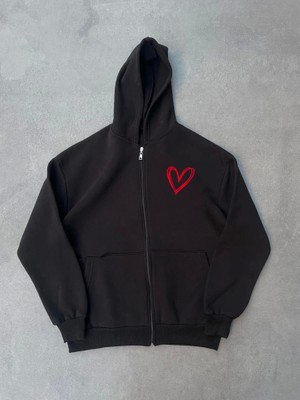 Emh Store Üç Iplik Baskılı Fermuarlı Kapşonlu Hırka - Siyah