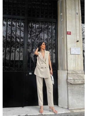 Emh Store Çizgili Uzun Yelek - Pantolon Takım Polviscon - Bej