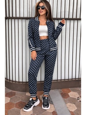 Emh Store Kadın Uzun Kollu Önden Fermuarlı Desenli Iki Iplik Bluz ve Pantolon Ikili Takım