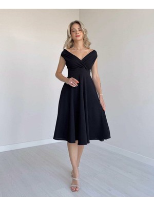 Emh Store Kadın Kısa Kollu Kruvaze Yaka Eteği Volanlı Krep Elbise