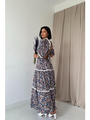 Emh Store Desenli Sırtı Dekolteli Brode Elbise