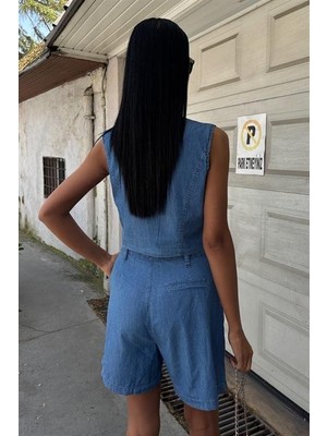 Emh Store Gümüş Düğmeli Yelek ve Şort Tensel Takım 10174