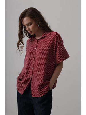 Emh Store Yarım Balon Kol Çizgili Gömlek - Bordo