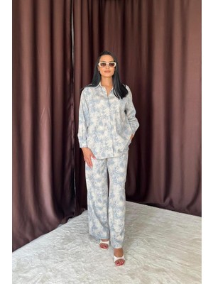 Emh Store Mavi Leopar Desenli Ceket ve Pantolon Keten Takım