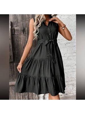 Emh Store Kadın Kısa Kollu Gömlek Yaka Düğmeli Beli Kuşaklı Katlı Dokuma Midi Elbise