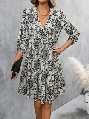 Emh Store Kadın Uzun Kollu V Yakalı Fırfırlı Mini Süprem Elbise
