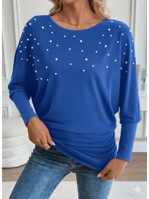 Emh Store Kadın Uzun Kollu Yuvarlak Yaka Incili Viskon Bluz