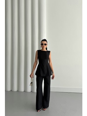 Emh Store Jakar Keten Kolsuz Bluz-Pantolon Tk - Siyah