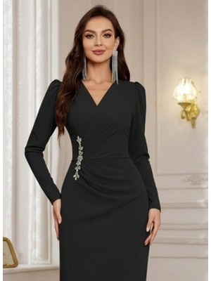 Emh Store Kadın Uzun Kollu Kruvaze Yakalı Yanları Taşlı Yırtmaçlı Uzun Ithal Krep Elbise