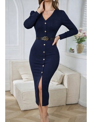 Emh Store Kadın Uzun Kollu V Yakalı Önden Düğmeli Yırtmaçlı Modal Midi Kemersiz Elbise