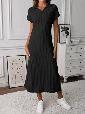 Emh Store Kadın Kısa Kollu Yakalı Yandan Yırtmaçlı Kalın Fitilli Kaşkorse Elbise