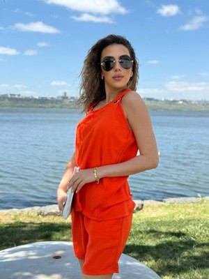 Emh Store Kadın Kolsuz V Yaka Kuş Gözü Detay Bluz Short Aerobin Ikili Takım