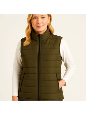 Emh Store Şişme Fermuarlı Yelek Su Itici Kapitone Astarlı Kumaş Cepli Hafif Kışlık Spor Rahat Kalıp - Haki