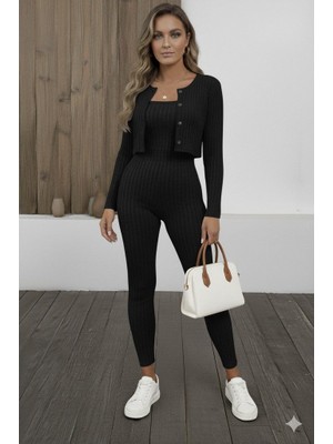 Emh Store Kadın Uzun Kollu Şardonlu Kaşkorse Straplez ile Kısa Önden Düğmeli Ceket Ikili Takım