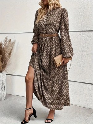 Emh Store Kadın Uzun Kollu Hakim Yakalı Düğmeli Kemersiz Desenli Maxi Süprem Elbise