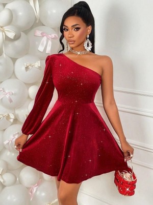 Emh Store Kadın Tek Omuzdan Açık Uzun Kollu Taşlı Mini Elbise