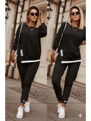 Emh Store Kadın Uzun Kollu Bisiklet Yaka Yandan Fermuarlı Viskon Iki Iplik Bluz ve Pantolon Ikili Takım