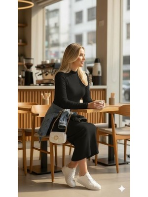 Emh Store Kadın Uzun Kollu Balıkçı Yakalı Yanlardan Yırtmaçlı Kaşkorse Maxi Elbise