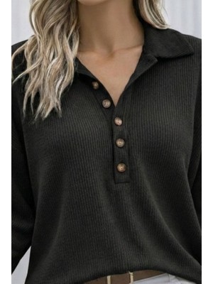 Emh Store Kadın Uzun Kollu Yakalı Düğmeli Salaş Waffle Bluz