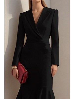 Emh Store Kadın Uzun Kollu Yakalı Belden Oturtmalı Midi Ithal Krep Elbise