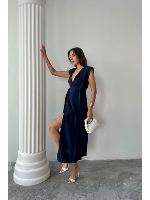 Emh Store Kruvaze Vatkalı Kolsuz Elbise Modal Kumaş - Lacivert