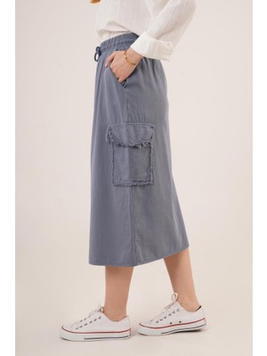 Emh Store Ön Yırtmaçlı Cep Detaylı Indigo Etek