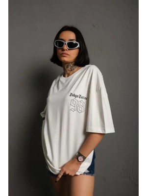 Emh Store Unisex Bisiklet Yaka Baskılı Oversize T-Shirt - Beyaz